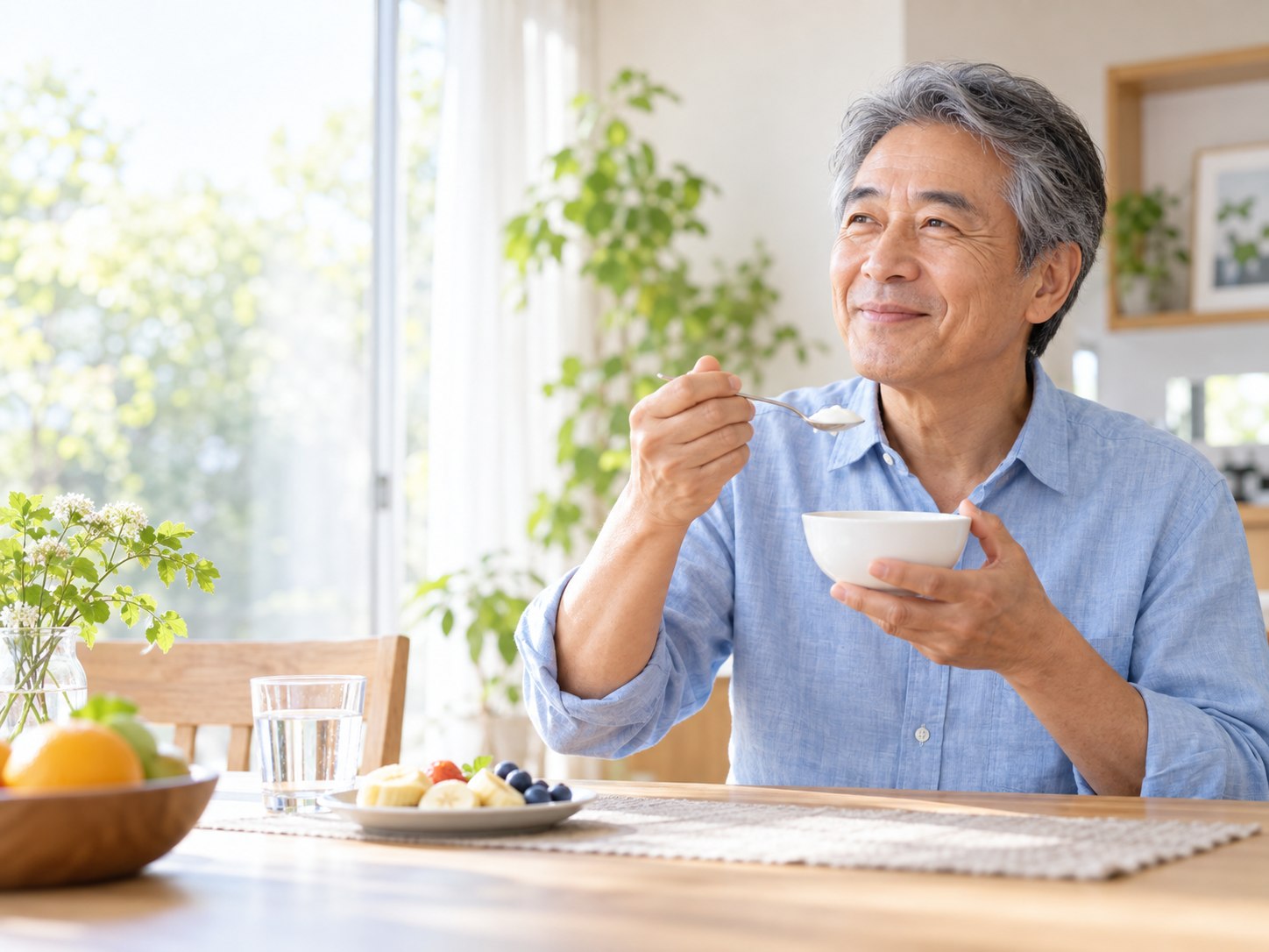 朝食と一緒にヨーグルトを楽しむ男性