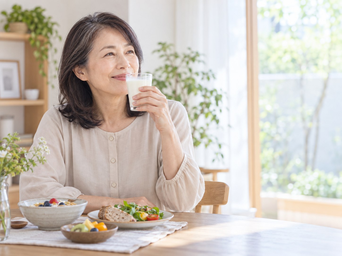 朝食と一緒に飲むヨーグルトを楽しむ女性